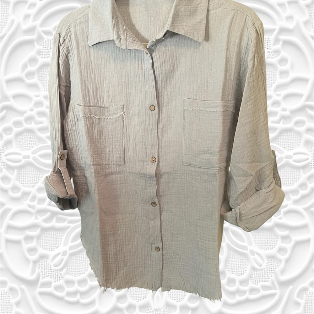 Zenana Light Gray Button-Up Double Gauze Shirt